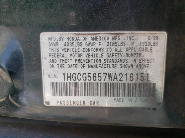 1HGCG5657WA216151 - 1998 HONDA ACCORD EX  photo 10