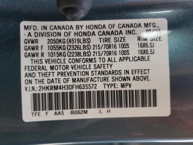 2HKRM4H30FH635572 - 2015 HONDA CR-V LX TURQUOISE photo 10