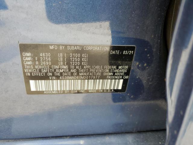 4S3BWAD60M3017977 - 2021 SUBARU LEGACY PRE BLUE photo 10