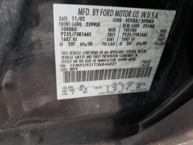 1FMYU93173KB46027 - 2009 FORD ESCAPE BLACK photo 10