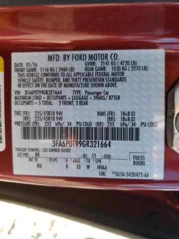 3FA6P0T99GR321664 - 2012 FORD FUSION RED photo 10