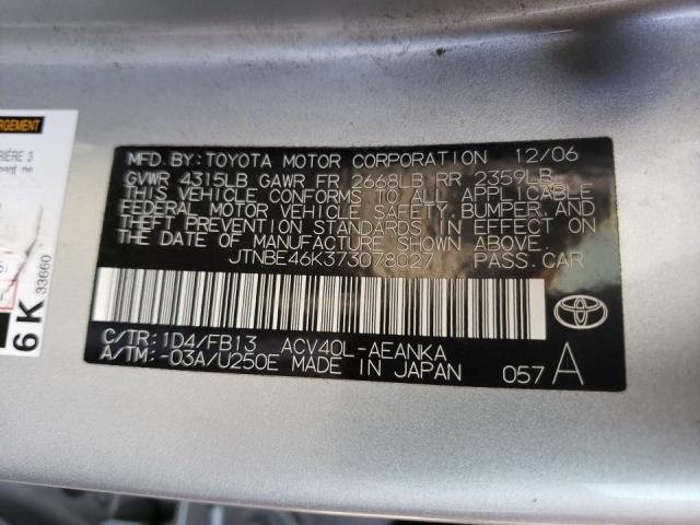 JTNBE46K373078027 - 2007 TOYOTA CAMRY CE SILVER photo 10