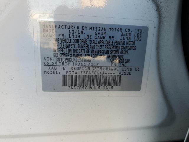 3N1CP5CU4JL541645 - 2018 NISSAN KICKS S WHITE photo 10