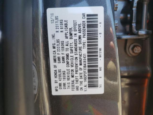 1HGCP2F33BA065431 - 2011 HONDA ACCORD LX GRAY photo 10