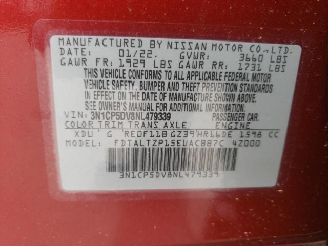 3N1CP5DV8NL479339 - 2022 NISSAN KICKS SR RED photo 10