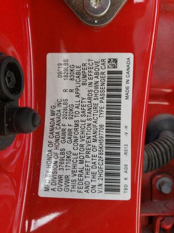 2HGFC2F85KH597706 - 2019 HONDA CIVIC SPOR RED photo 10