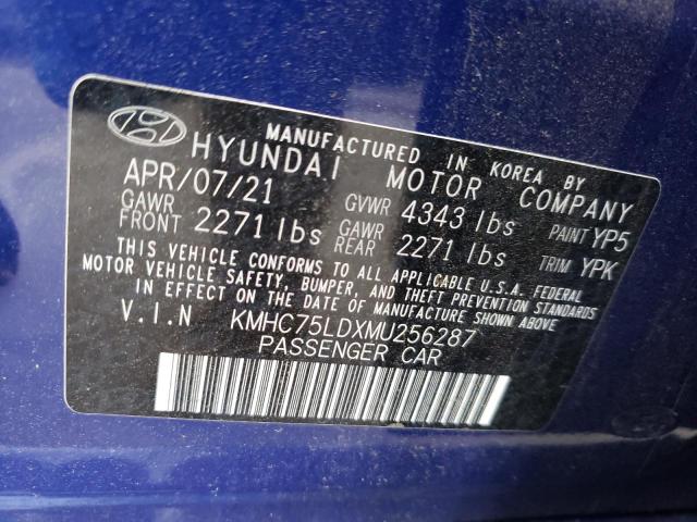 KMHC75LDXMU256287 - 2021 HYUNDAI IONIQ SEL BLUE photo 10