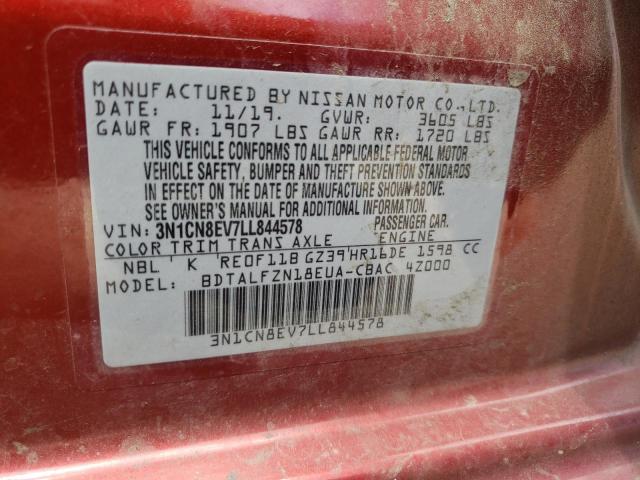 3N1CN8EV7LL844578 - 2020 NISSAN VERSA SV BURGUNDY photo 10