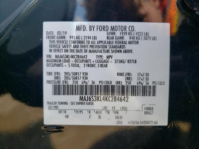 MAJ6S3KL4KC284642 - 2019 FORD ECOSPORT T BLACK photo 10