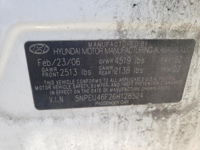 5NPEU46F26H128524 - 2006 HYUNDAI SONATA GLS WHITE photo 10