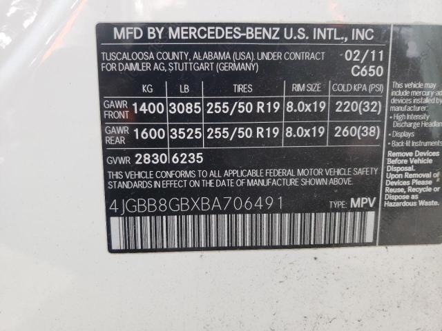 4JGBB8GBXBA706491 - 2011 MERCEDES-BENZ ML 350 4MA WHITE photo 10