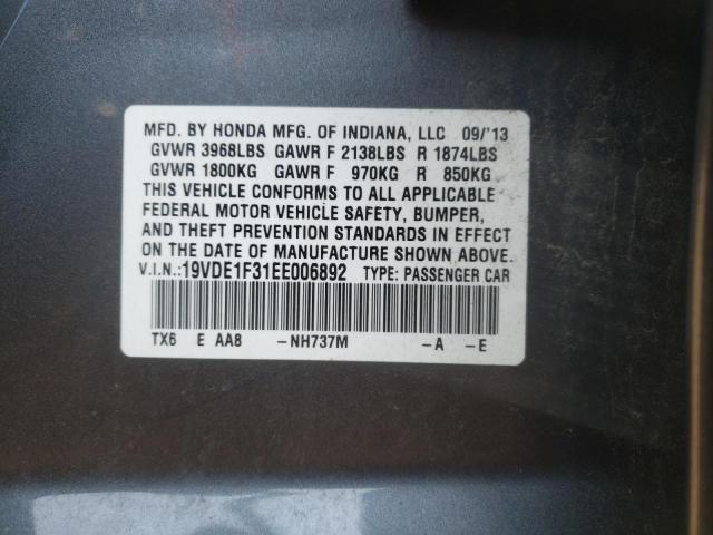 19VDE1F31EE006892 - 2014 ACURA ILX 20 GRAY photo 10