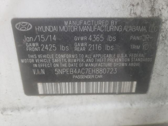 5NPEB4AC7EH880723 - 2014 HYUNDAI SONATA GLS WHITE photo 10