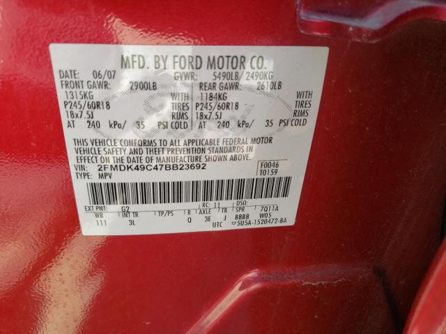 2FMDK49C47BB23692 - 2007 FORD EDGE SEL P RED photo 10