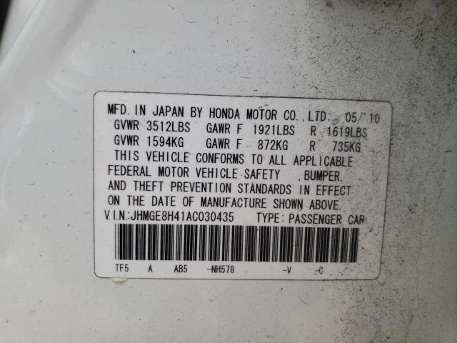 JHMGE8H41AC030435 - 2010 HONDA FIT SPORT WHITE photo 10