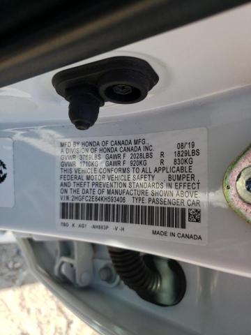 2HGFC2E84KH593406 - 2019 HONDA CIVIC SPOR WHITE photo 10