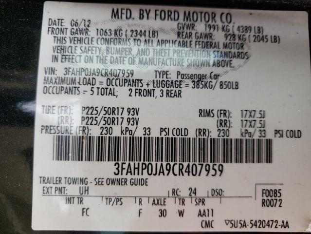 3FAHP0JA9CR407959 - 2012 FORD FUSION SEL BLACK photo 10