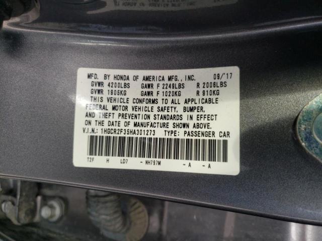 1HGCR2F35HA301273 - 2017 HONDA ACCORD LX GRAY photo 10