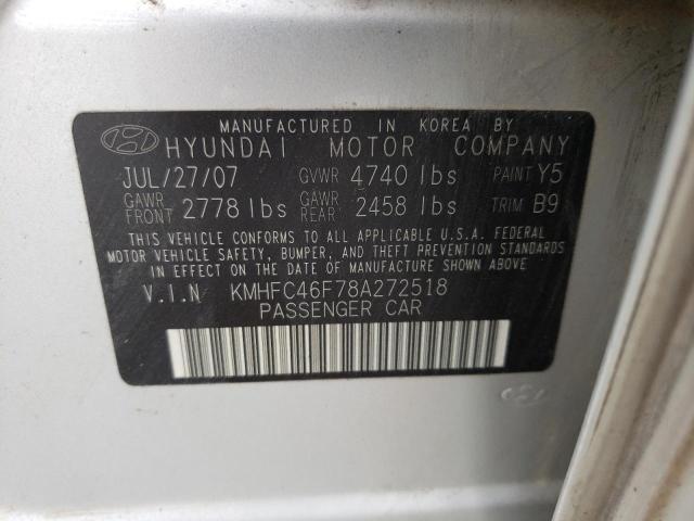 KMHFC46F78A272518 - 2008 HYUNDAI AZERA SE SILVER photo 10