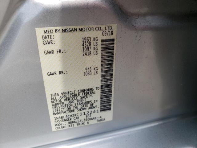 1N4BL4CV2KC112241 - 2019 NISSAN ALTIMA SR SILVER photo 10