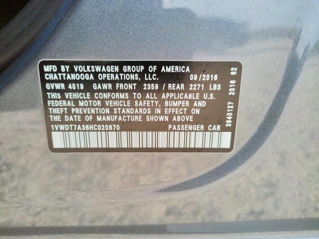 1VWDT7A36HC020870 - 2017 VOLKSWAGEN PASSAT R-L GRAY photo 10