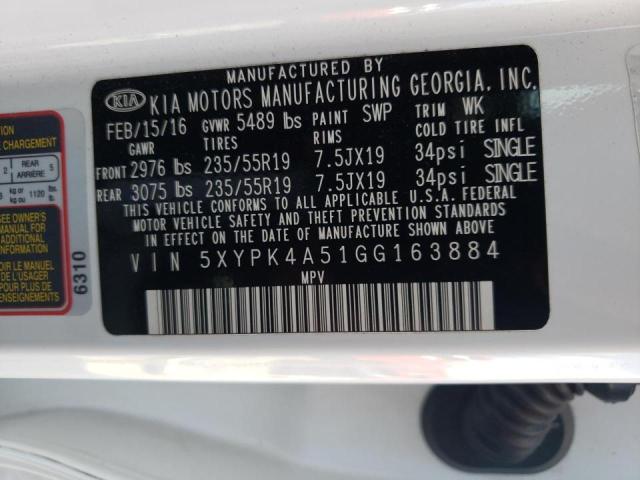 5XYPK4A51GG163884 - 2016 KIA SORENTO SX WHITE photo 10