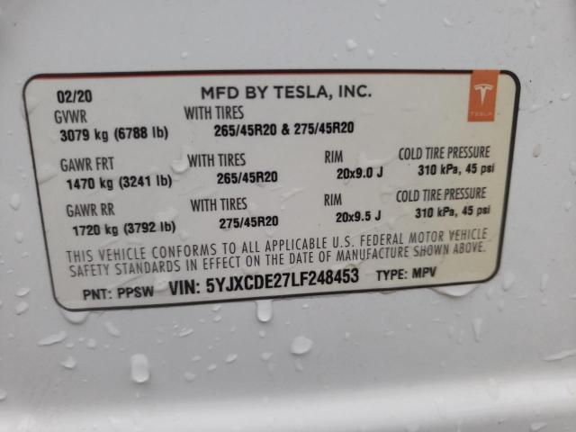 5YJXCDE27LF248453 - 2020 TESLA MODEL X WHITE photo 10