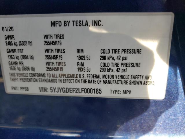 5YJYGDEF2LF000185 - 2020 TESLA MODEL Y BLUE photo 10