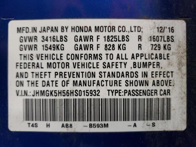 JHMGK5H56HS015932 - 2017 HONDA FIT LX BLUE photo 10