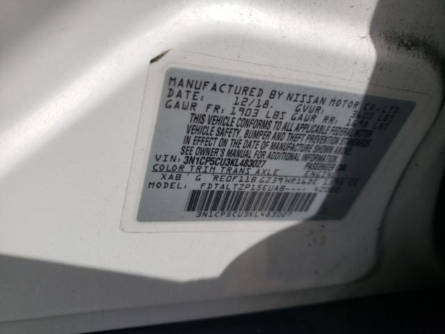 3N1CP5CU3KL483027 - 2019 NISSAN KICKS S WHITE photo 10