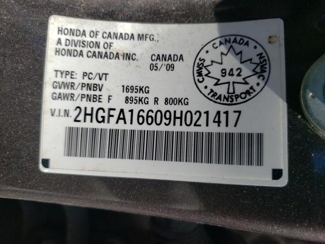 2HGFA16609H021417 - 2009 HONDA CIVIC LX-S Grafit foto 10