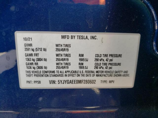 5YJYGAEE0MF280602 - 2021 TESLA MODEL Y BLUE photo 10