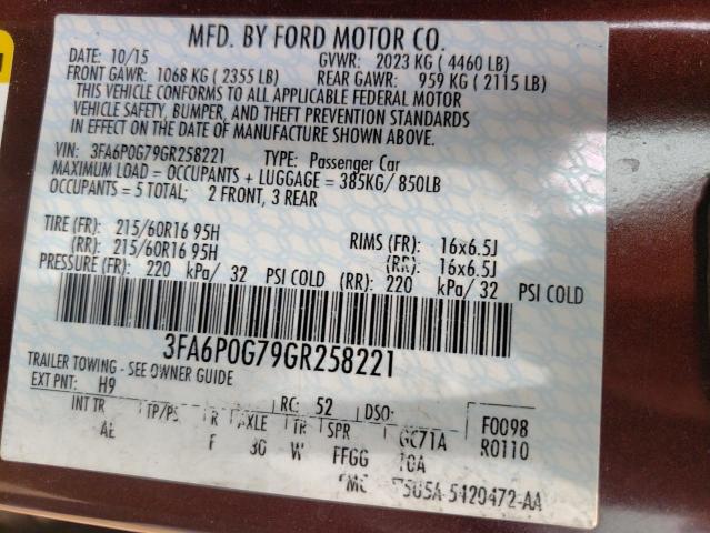 3FA6P0G79GR258221 - 2016 FORD FUSION RED photo 10