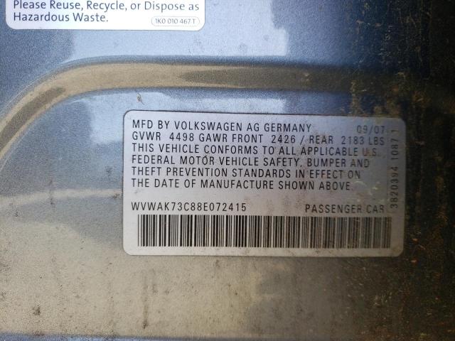 WVWAK73C88E072415 - 2008 VOLKSWAGEN PASSAT KOM SILVER photo 10