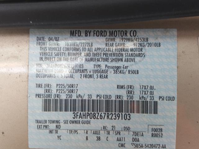 3FAHP08Z67R239103 - 2007 FORD FUSION SEL GOLD photo 10