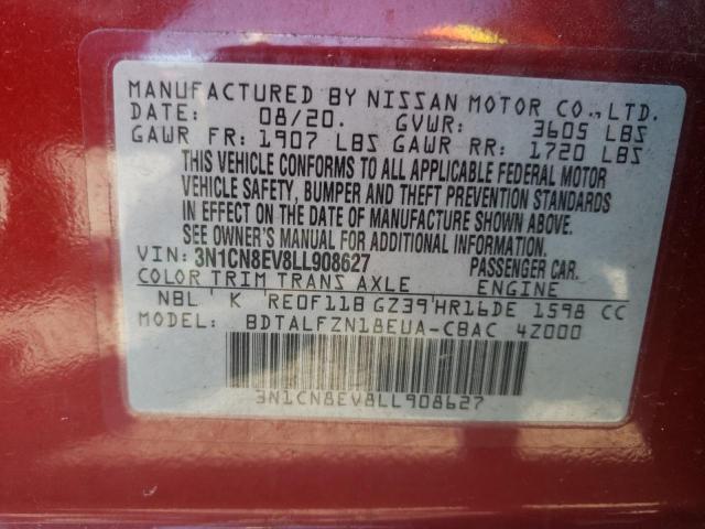 3N1CN8EV8LL908627 - 2020 NISSAN VERSA SV RED photo 10