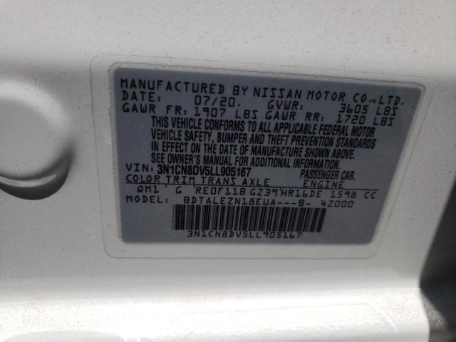 3N1CN8DV5LL905167 - 2020 NISSAN VERSA S WHITE photo 10