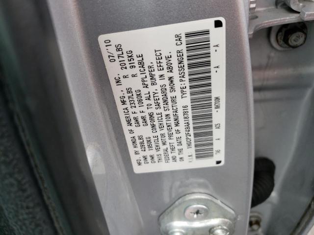 1HGCP2F49AA187816 - 2010 HONDA ACCORD LXP SILVER photo 10