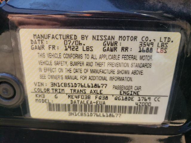 3N1CB51D76L618677 - 2006 NISSAN SENTRA BLACK photo 10