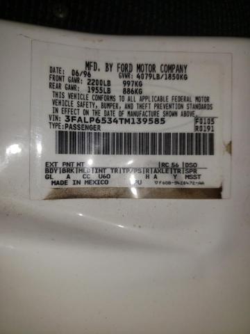 3FALP6534TM139585 - 1996 FORD CONTOUR GL WHITE photo 10