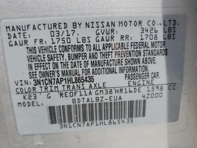 3N1CN7AP1HL865435 - 2017 NISSAN VERSA S SILVER photo 10