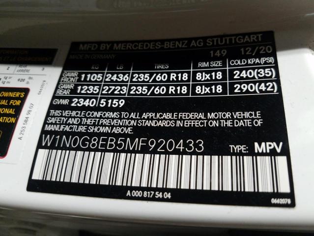 W1N0G8EB5MF920433 - 2021 MERCEDES-BENZ GLC 300 4M WHITE photo 10