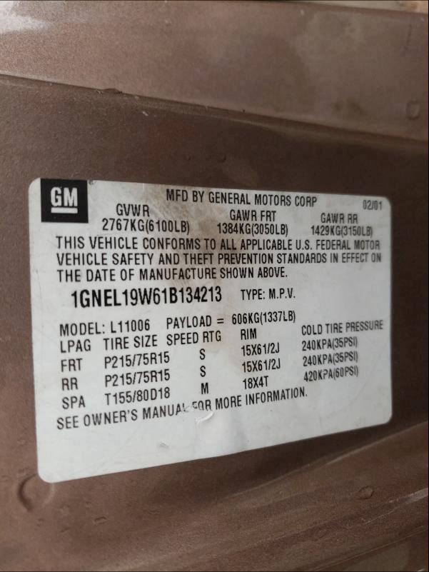 1GNEL19W61B134213 - 2001 CHEVROLET ASTRO TAN photo 10