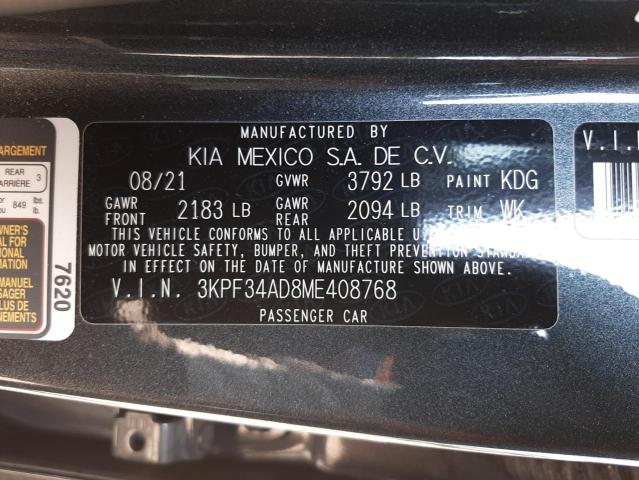 3KPF34AD8ME408768 - 2021 KIA FORTE GT GRAY photo 10