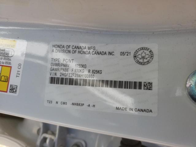 2HGFE2F25NH100860 - 2022 HONDA CIVIC LX WHITE photo 10