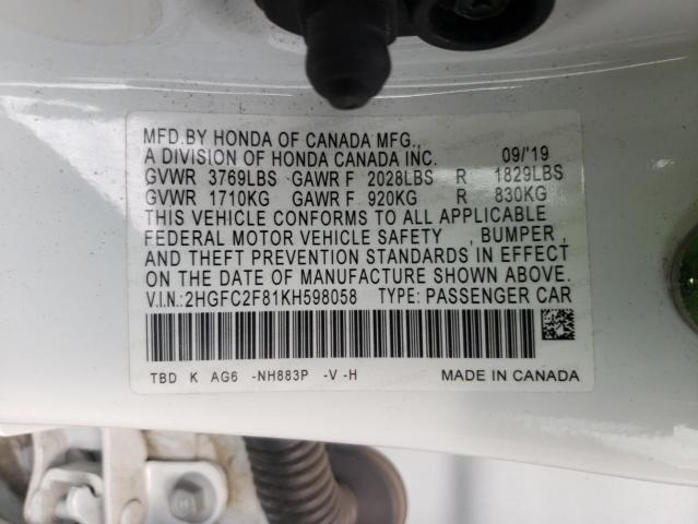 2HGFC2F81KH598058 - 2019 HONDA CIVIC SPOR WHITE photo 10