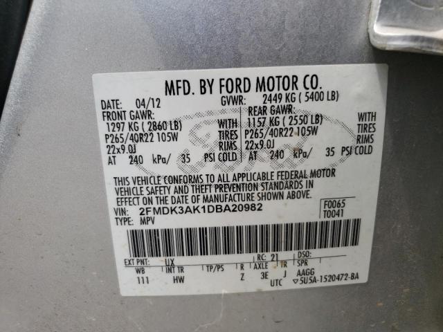 2FMDK3AK1DBA20982 - 2013 FORD EDGE SPORT SILVER photo 10