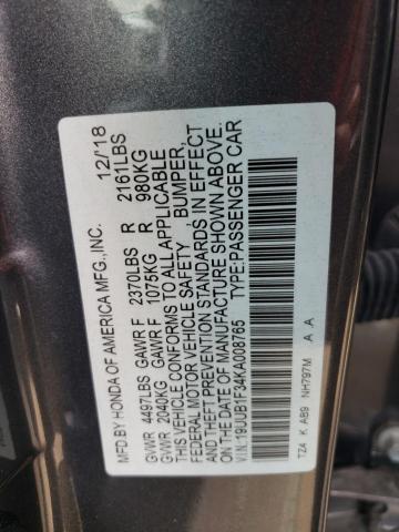 19UUB1F34KA008765 - 2019 ACURA TLX Сұр фото 10