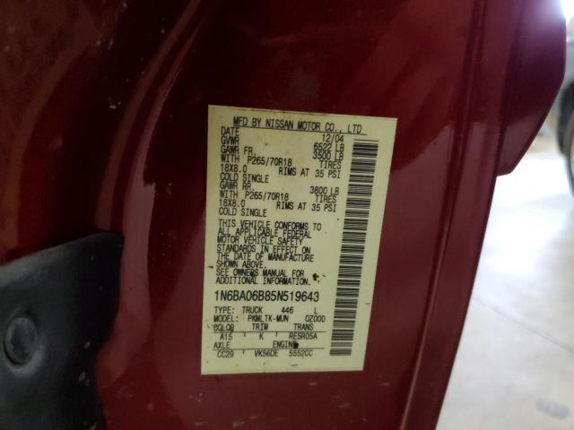 1N6BA06B85N519643 - 2005 NISSAN TITAN XE RED photo 10