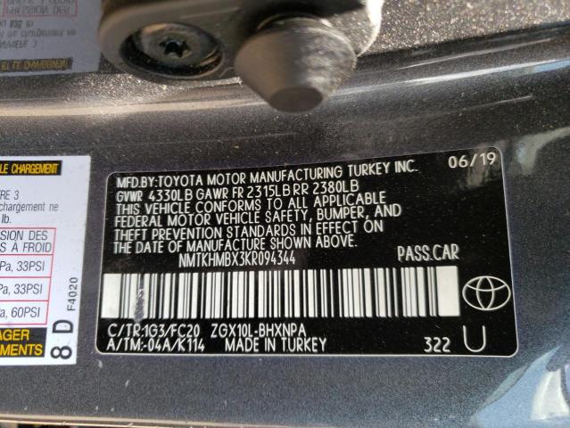 NMTKHMBX3KR094344 - 2019 TOYOTA C-HR XLE GRAY photo 10